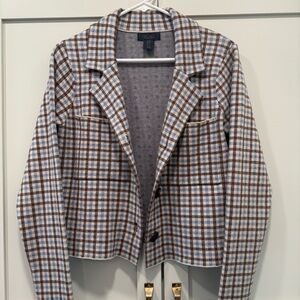 RACHEL Rachel Roy Womens M Jacket Blazer Plaid Stretch Button Close Brown Blue